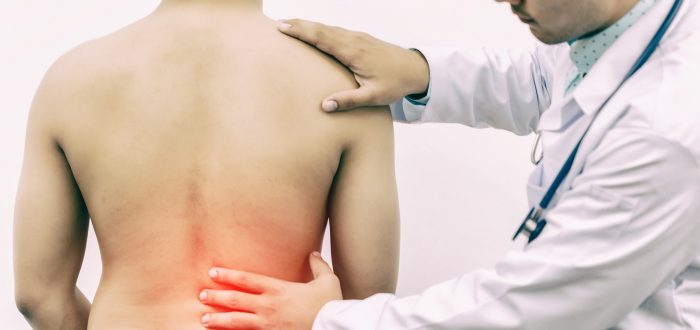 Doctor touches the back plate for causes of back pain with stethoscope on hospital. Concept of physical examination, medical and health care.